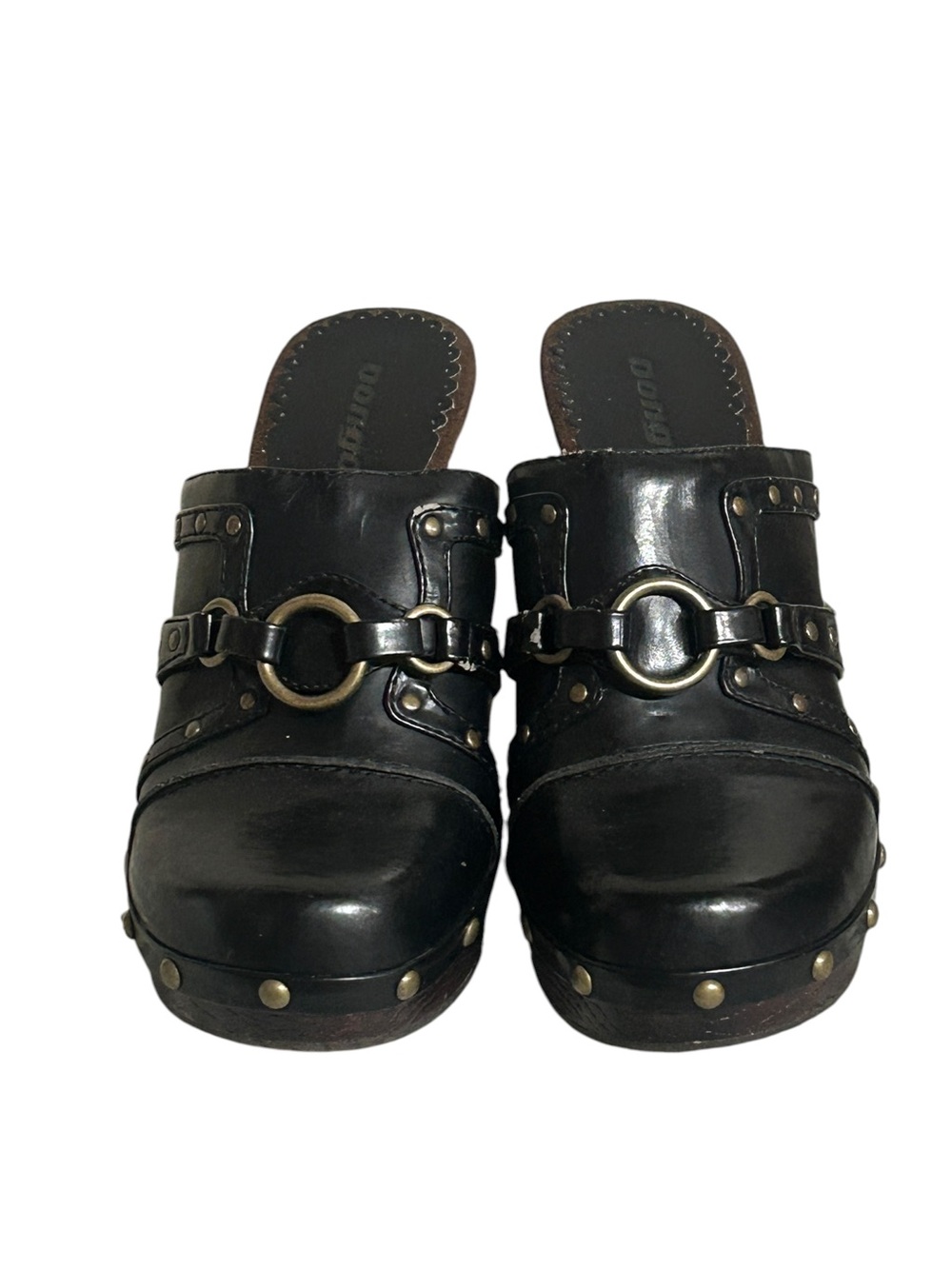 VTG 90s BONGO Black Leather Studded Platform Clogs Wood Heel Mules 7.5